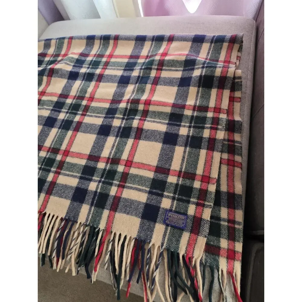 Pendleton Green Plaid Fringe Made In USA Virgin Wool Blanket 64x52 in VTG